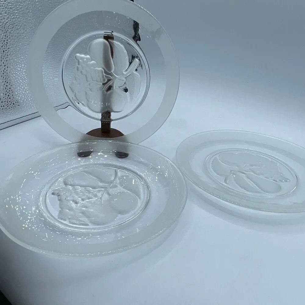 Vintage set of 3 Val Saint Lambert “Brussels” intaglio fruit Design frosted edge
